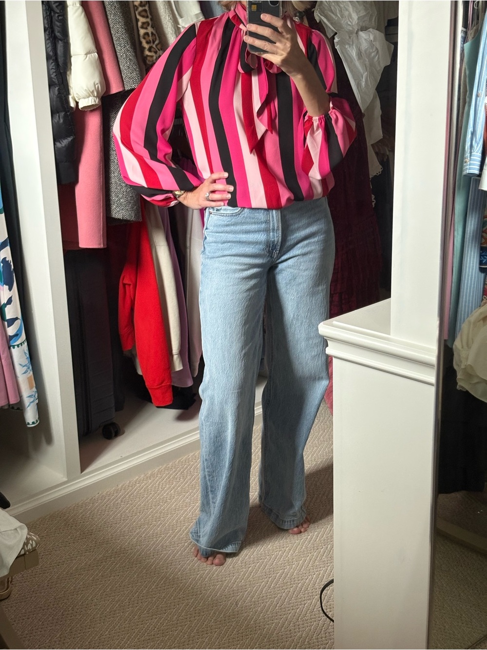 New York & Company Pink and Black Striped Tie-Neck Blouse
